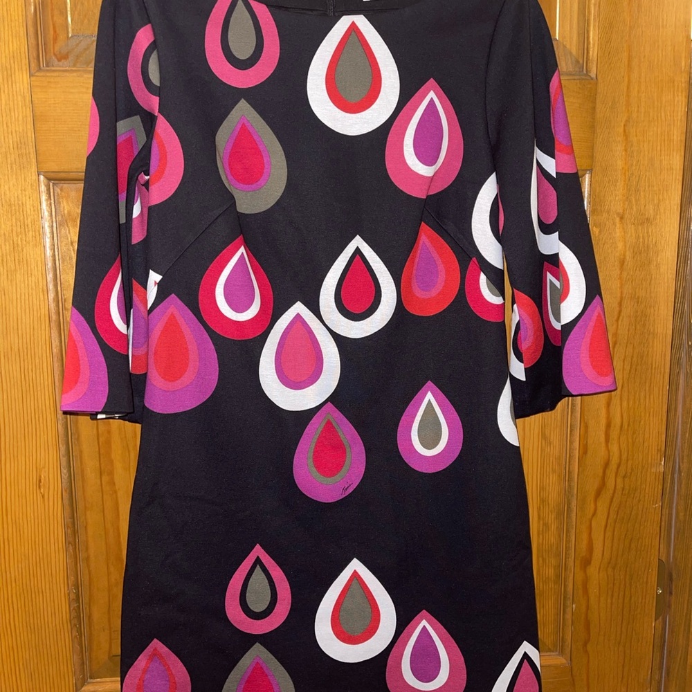 Trina Turk Black Dress with Pink and Purple Teardrop Pattern